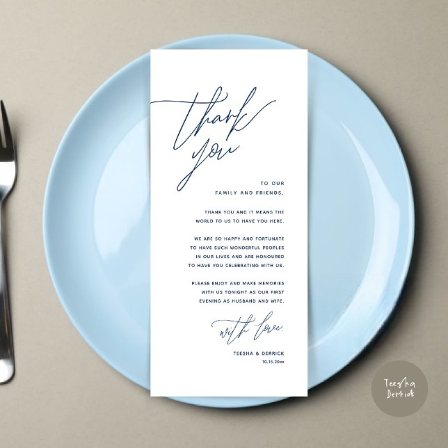 Minimalist Wedding Place Setting Thank You Card (Romantic Minimalist Wedding Dinner Place Setting Thank You Card, in Navy Blue)