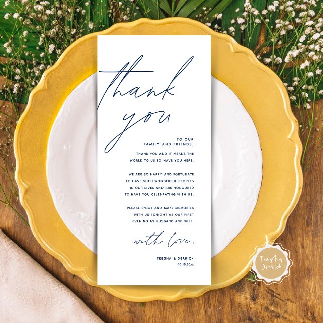 Minimalist Wedding Place Setting Thank You Card (Modern Wedding Dinner Place Setting Thank You Card in Classy Navy Blue)
