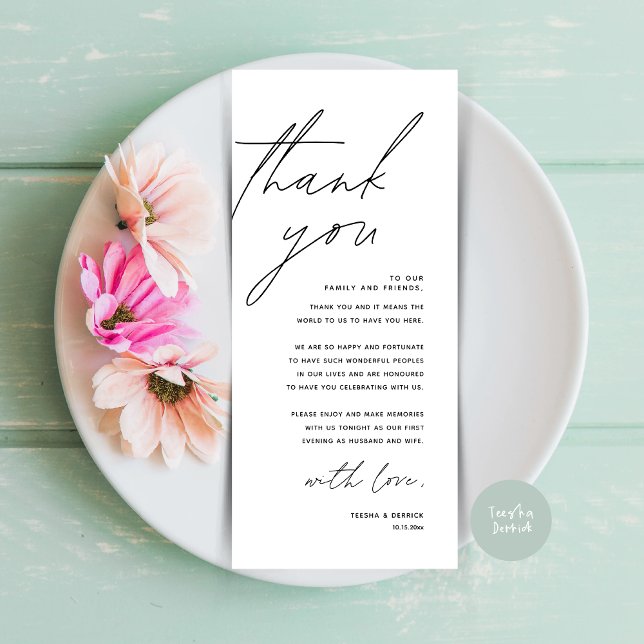 Minimalist Wedding Place Setting Thank You Card (Modern Wedding Dinner Place Setting Thank You Card in Classy Black White)