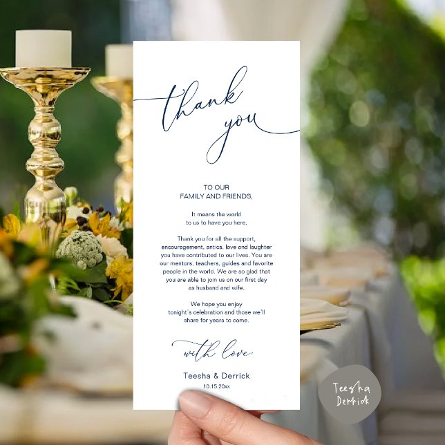 Minimalist Wedding Place Setting Thank You Card (Romantic Wedding Dinner Lunch Brunch Party Place Setting Thank You Card in Classy Navy Blue)