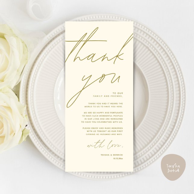 Minimalist Wedding Place Setting Thank You Card (Wedding Place Setting Thank You Card, Modern Minimalist Clean, Yellow Gold)