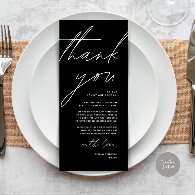 Minimalist Wedding Place Setting Thank You Card (Wedding Place Setting Thank You Card, Modern Minimalist Clean, Classy Black)