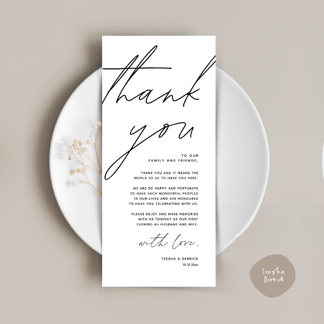Minimalist Wedding Place Setting Thank You Card (Wedding Place Setting Thank You Card, Modern Minimalist Clean, White and Black)