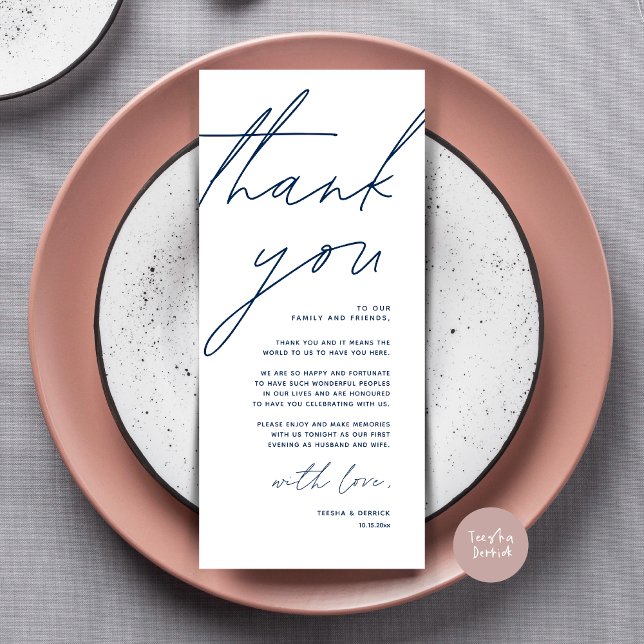 Minimalist Wedding Place Setting Thank You Card (Wedding Place Setting Thank You Card, Modern Minimalist Clean, Navy Blue)