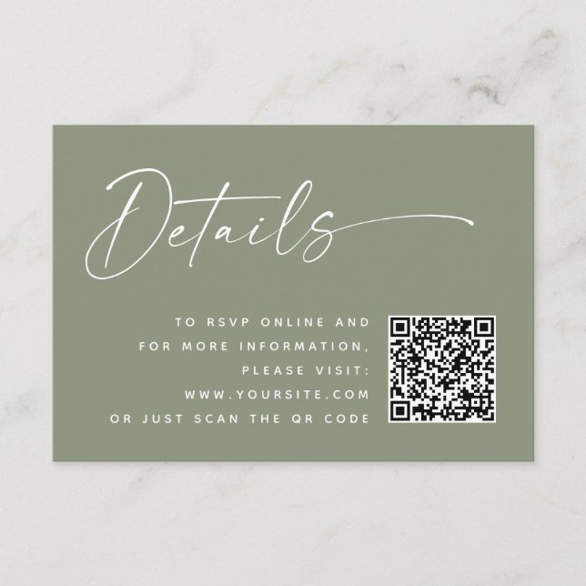 Minimalist Wedding QR Details | Dusty Sage Green Enclosure Card (Front)