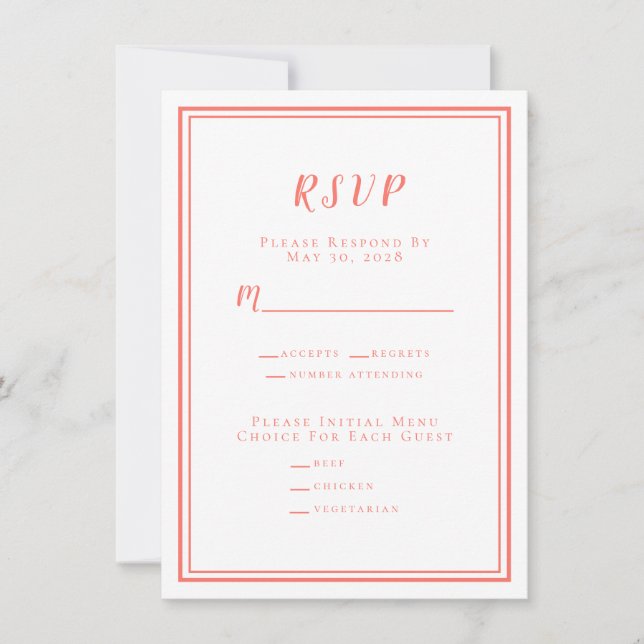 Minimalist Wedding RSVP Menu Coral White (Front)