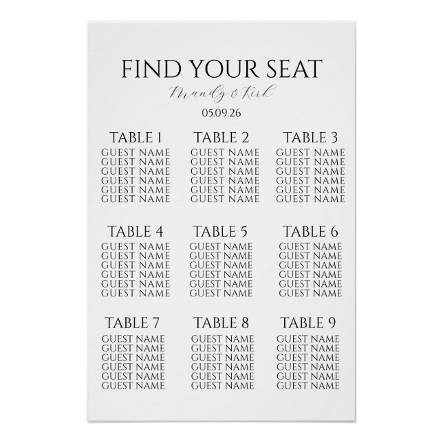 Minimalist Wedding Seating Chart | Custom Modern  (Front)