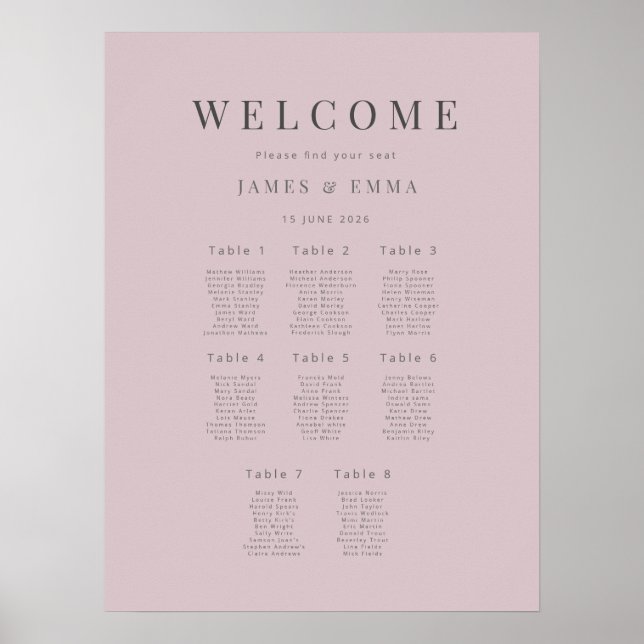 Minimalist Wedding Seating Plan(8) Dusky Rose Poster (Front)