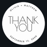 Minimalist Wedding Thank You. Black & White Simple Classic Round Sticker<br><div class="desc">This minimalist thank you wedding sticker features clean modern typography in a round layout with a white background. Personalized with the couple’s names and wedding date, it’s a refined finishing touch for wedding favors, envelopes, welcome bags, and gift packaging. Designed for couples who love simplicity and understated elegance. This black...</div>