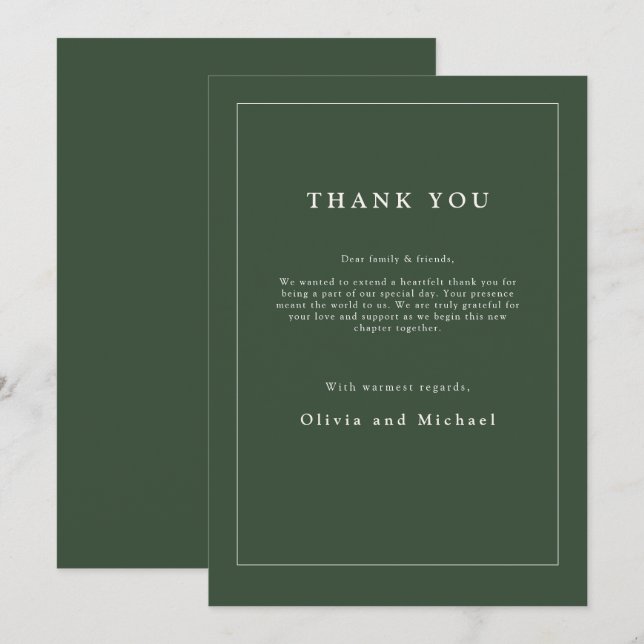 Minimalist Wedding Thank You Card Dark Green Chic (Front/Back)