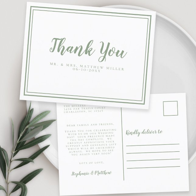 Minimalist Wedding Thank You Message Sage Green Postcard (Minimalist Wedding Thank You Message Sage Green Postcard)