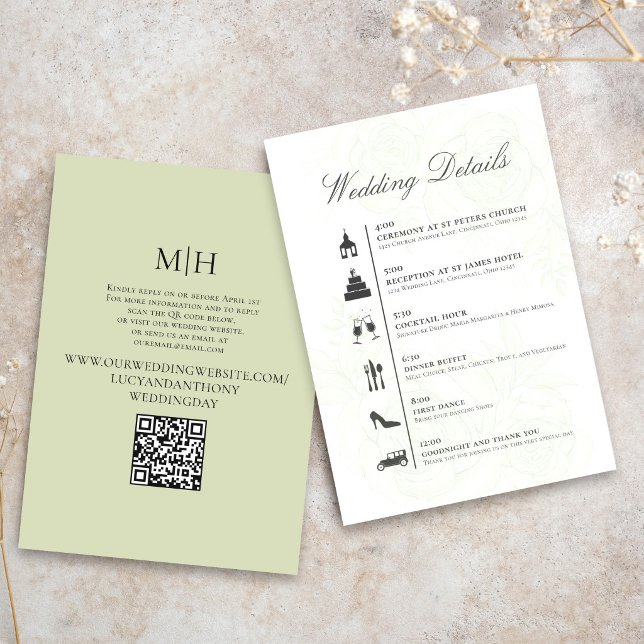 Minimalist Wedding Timeline QR Code Details Card (Clean wedding timeline card with QR code for quick access to event details.)