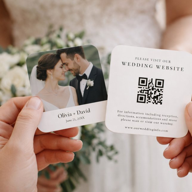 Minimalist Wedding Website QR Code Announcement (Wedding website QR card with couple photo for elegant invitation suites)