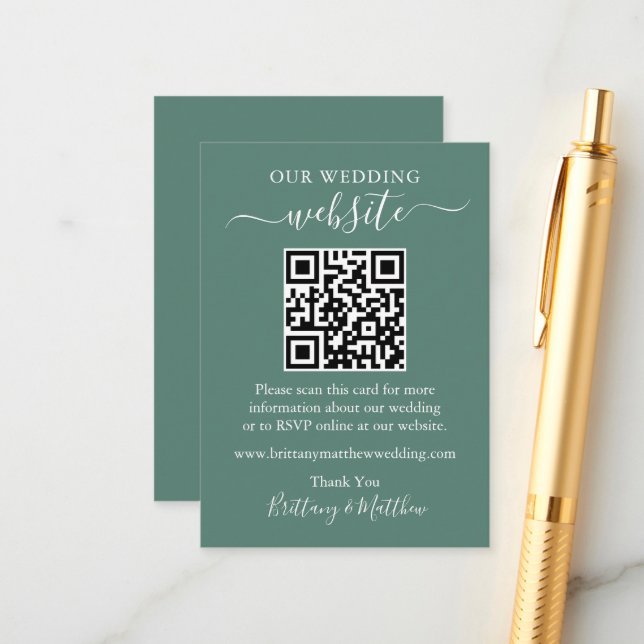 Minimalist Wedding Website QR Eucalyptus Green Enclosure Card (Front/Back In Situ)