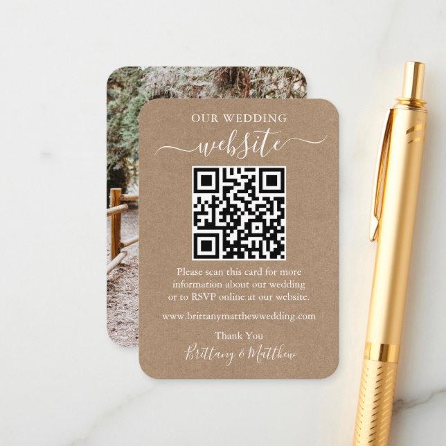 Minimalist Wedding Website Simple Photo Kraft QR  Enclosure Card (Front/Back In Situ)