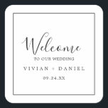 Minimalist Wedding Welcome Square Sticker<br><div class="desc">These minimalist wedding welcome stickers are perfect for a simple wedding. The modern romantic design features classic black and white typography paired with a rustic yet elegant calligraphy with vintage hand lettered style. Customisable in any colour. Keep the design simple and elegant, as is, or personalise it by adding your...</div>