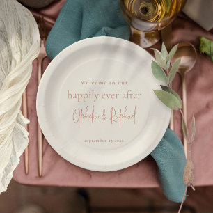 Minimalist Welcome Message Script Cream Wedding Paper Plate