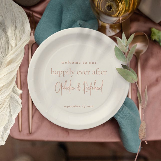 Minimalist Welcome Message Script Cream Wedding Paper Plate (9" round plate in cream with terracotta typography)