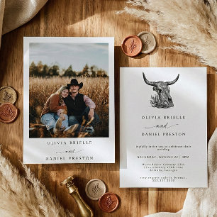 Minimalist Western Cow Skull Rustic Photo Wedding Invitation