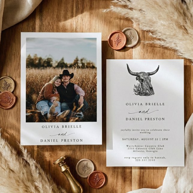 Minimalist Western Cow Skull Rustic Photo Wedding Invitation (Creator Uploaded)