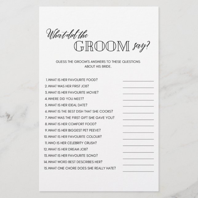 Minimalist what did groom say bridal shower game flyer (Front)