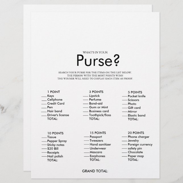 Minimalist What's in your Purse Bridal Shower Game (Front/Back)
