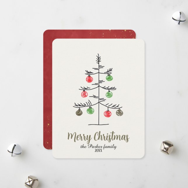 Minimalist Whimsical Sketch Christmas Tree  Holiday Card (Front/Back In Situ)