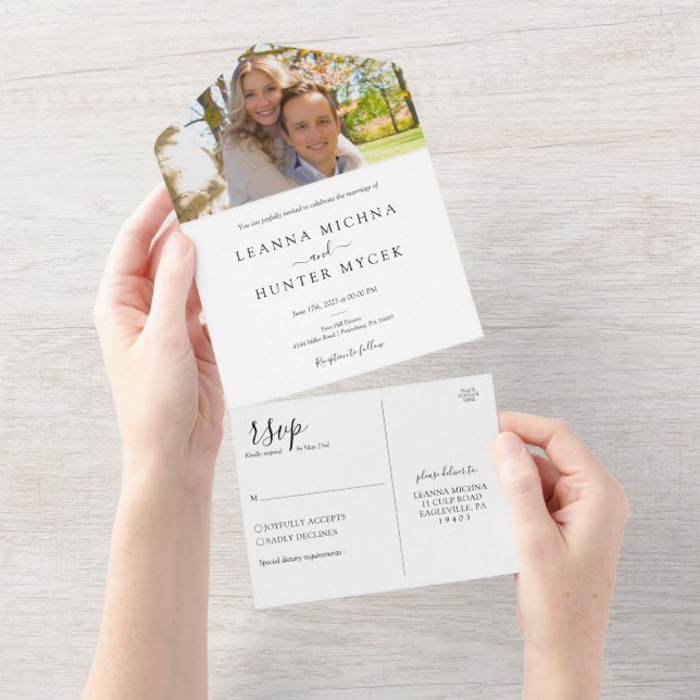 Minimalist White and Black Photo Wedding All In One Invitation (Tearaway)