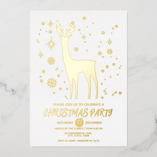 Minimalist White and Gold Elegant Deer Xmas Party (Front)