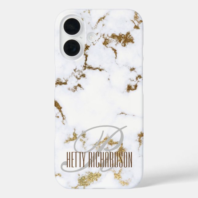Minimalist White and Gold Glitter Marble Monogram Case-Mate iPhone Case (Back)