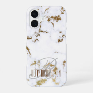 Minimalist White and Gold Glitter Marble Monogram iPhone 16 Case