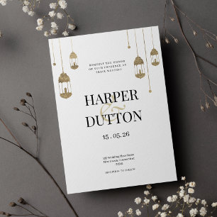 Minimalist white and gold lantern lights wedding invitation