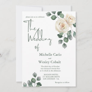 Minimalist White and Green Rose Back Wedding Invitation