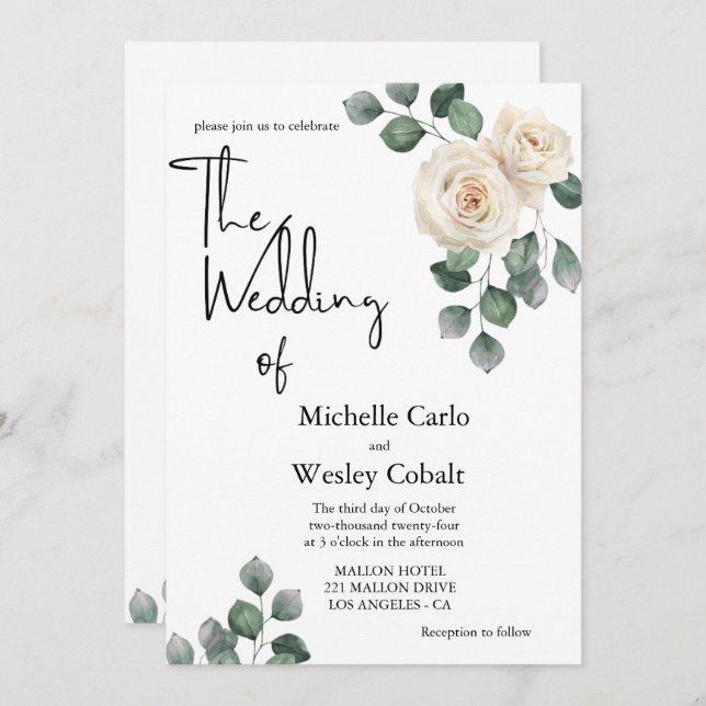 Minimalist White and Green Rose Back Wedding  Invitation (Front/Back)