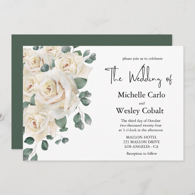 Minimalist White and Green Rose Landscape Wedding  Invitation (Front/Back)