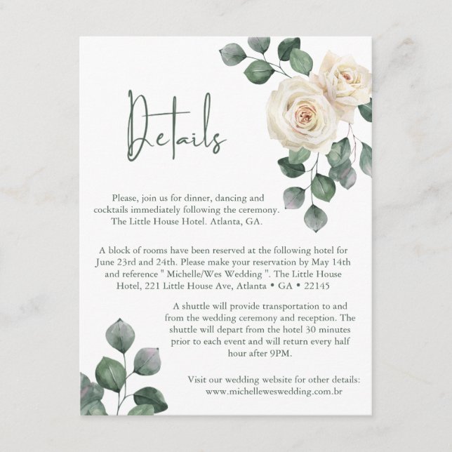 Minimalist White and Green Rose Wedding Details Enclosure Card (Front)