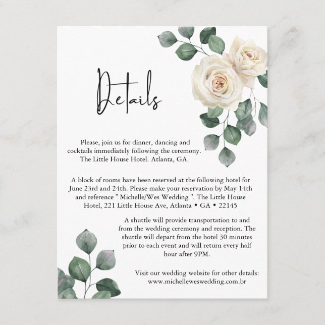Minimalist White and Green Rose Wedding Details Enclosure Card (Front)