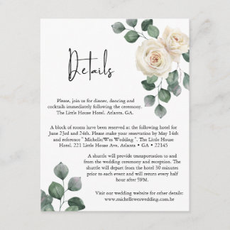 Minimalist White and Green Rose Wedding Details Enclosure Card