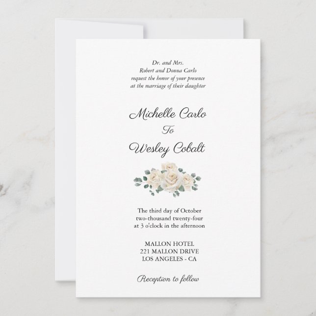 Minimalist White and Green Rose Wedding Invitation (Front)
