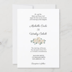 Minimalist White and Green Rose Wedding Invitation