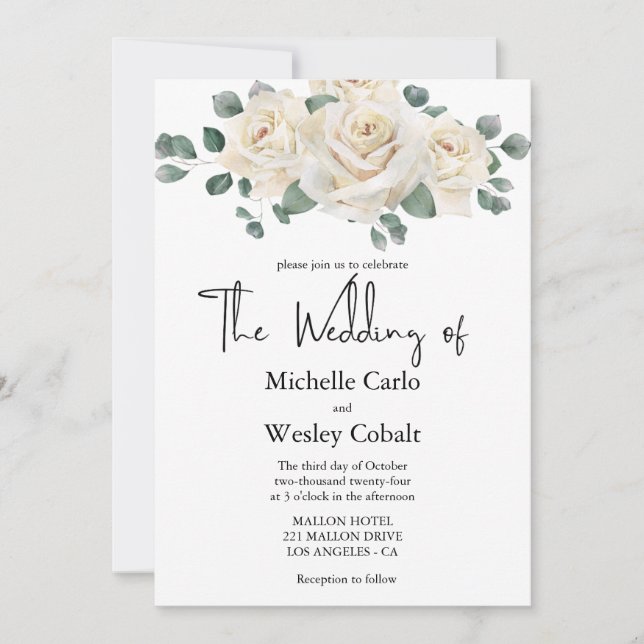 Minimalist White and Green Rose Wedding Invitation (Front)