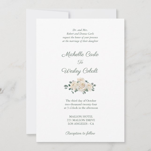 Minimalist White and Green Rose Wedding Invitation (Front)