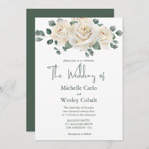 Minimalist White and Green Rose Wedding Invitation