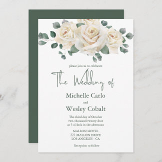 Minimalist White and Green Rose Wedding Invitation