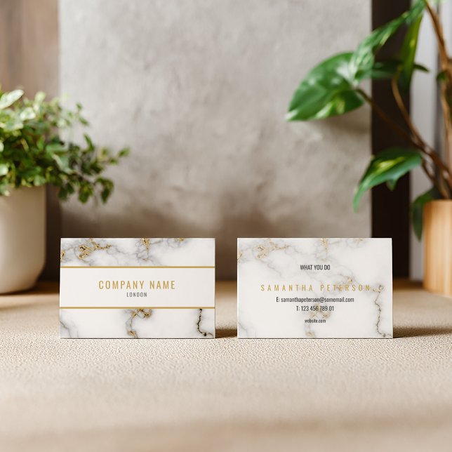 Minimalist White and luxury Gold Marble Business Card (Modern business card with a gold border and elegant text)