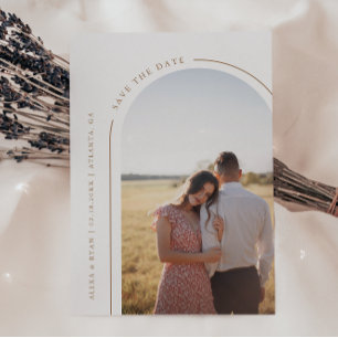Minimalist White Arch Wedding Photo Save The Date