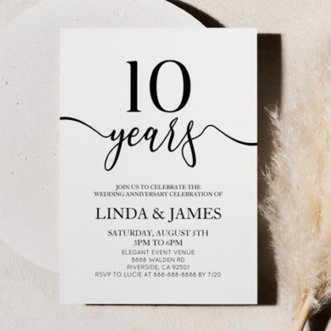 Minimalist White Black 10th Wedding Anniversary Invitation (Creator Uploaded)