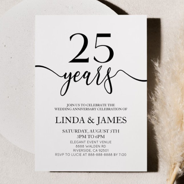 Minimalist White Black 25th Wedding Anniversary Invitation (Creator Uploaded)