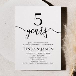 Minimalist White Black 5th Wedding Anniversary Invitation