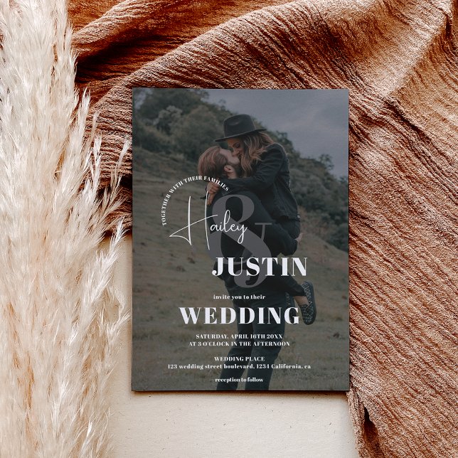 Minimalist white black photo overlay wedding invitation (Creator Uploaded)